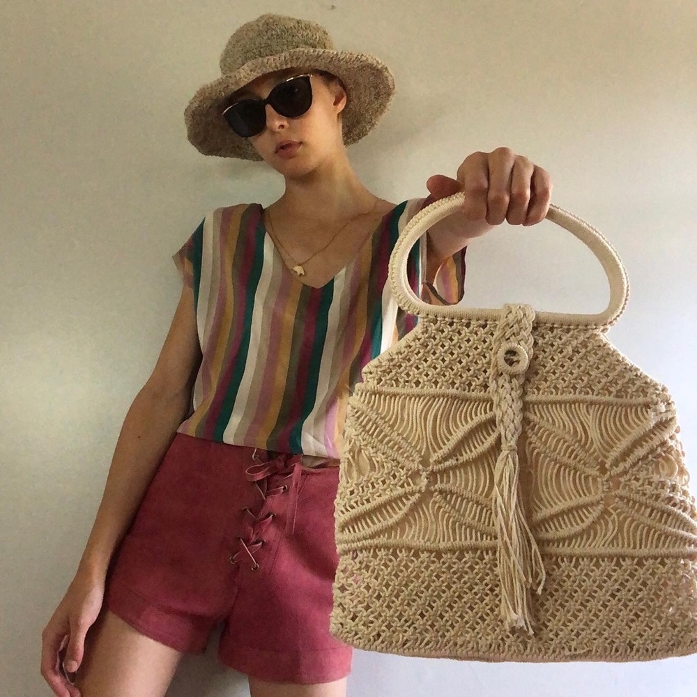 Vintage crochet handbag ivory white crocheted purse beach bag boho natural light